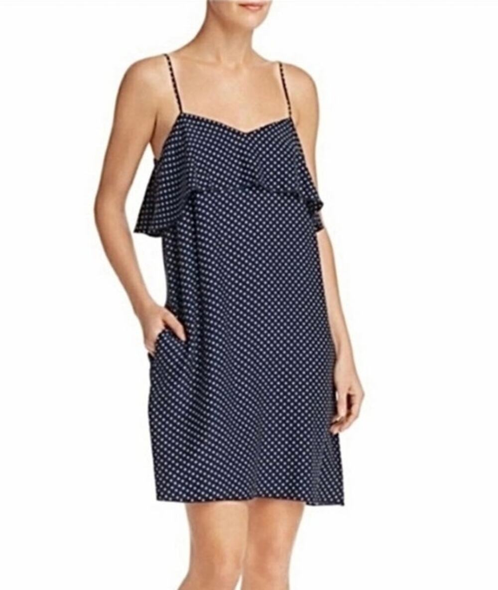 ATM Blue & White Polka Dot 100% Silk Ruffle Sleeveless Dress Women's Large